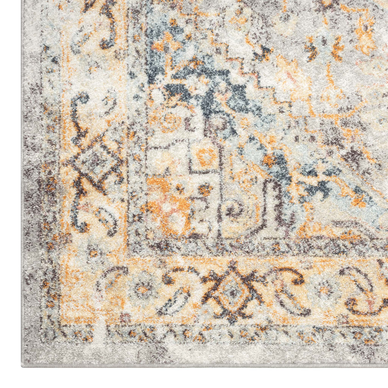 Blue multi-colored traditional patterned runner rug with intricate geometric and floral motifs.
