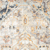 Traditional runner rug with blue, beige, orange, and grey intricate geometric patterns on a textured polypropylene surface.