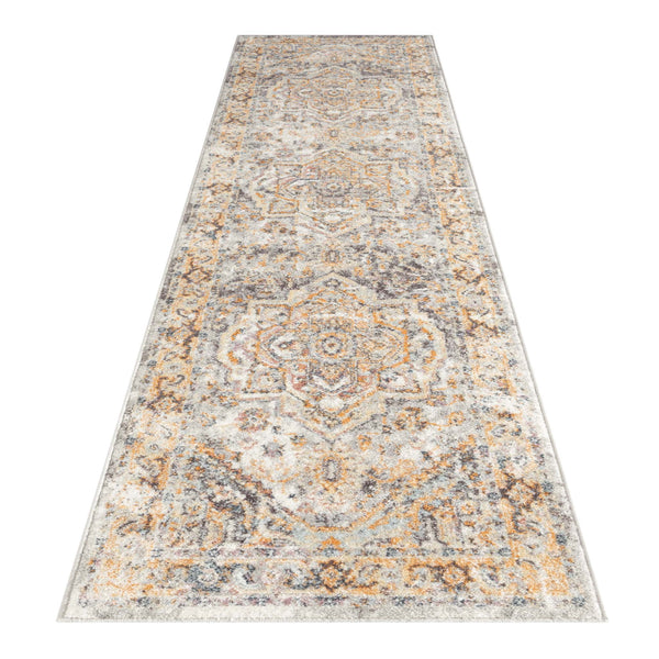 Blue and beige traditional patterned runner rug with intricate floral and geometric designs.