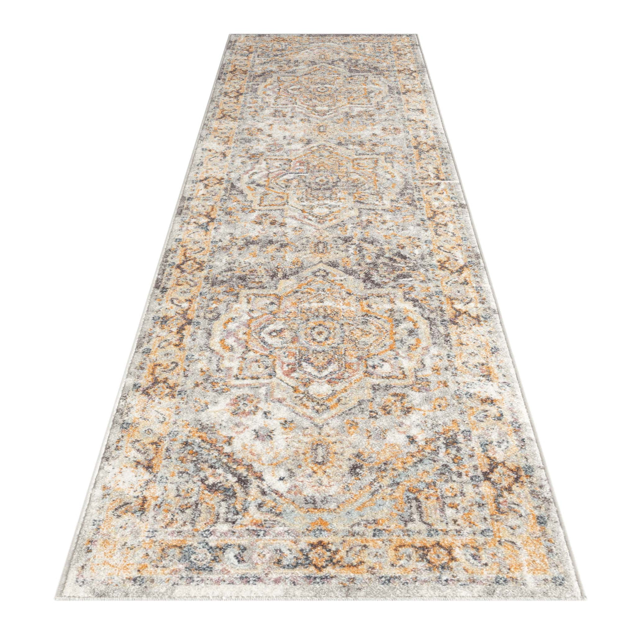 Blue and beige traditional patterned runner rug with intricate floral and geometric designs.