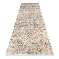 Blue and beige traditional patterned runner rug with intricate floral and geometric designs.