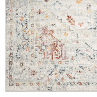 Cream traditional runner rug with faded multi-colored geometric and floral patterns.