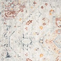 Traditional runner rug with cream background and muted red, orange, blue, and gray intricate patterns.