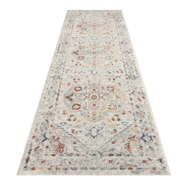 Cream multi-colored traditional patterned runner rug with intricate floral and geometric designs.