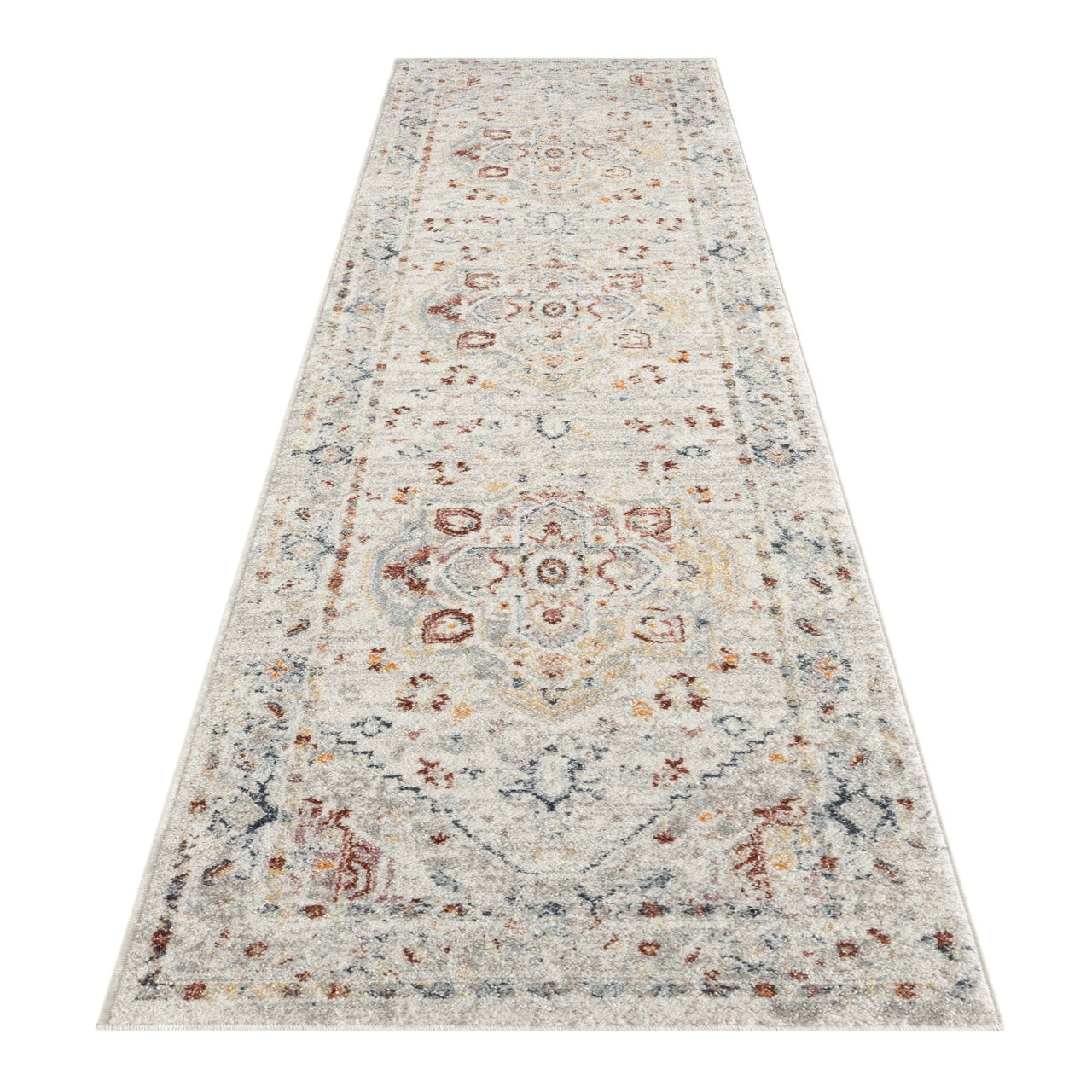 Cream multi-colored traditional patterned runner rug with intricate floral and geometric designs.