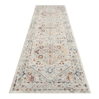 Cream multi-colored traditional patterned runner rug with intricate floral and geometric designs.
