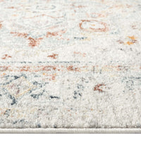 Cream runner rug with subtle traditional floral patterns in muted orange, blue, and grey tones.