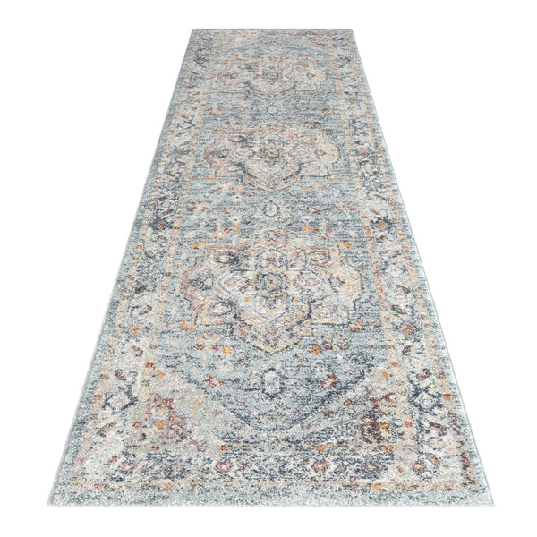 Blue multi-colored traditional patterned runner rug with intricate floral and geometric motifs.