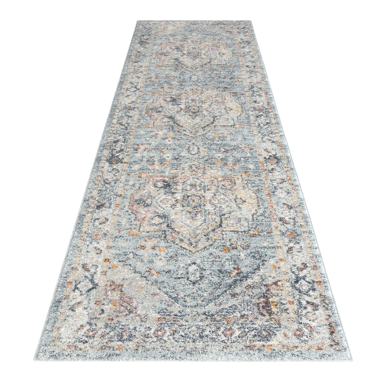 Blue multi-colored traditional patterned runner rug with intricate floral and geometric motifs.