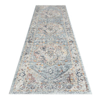 Blue multi-colored traditional patterned runner rug with intricate floral and geometric motifs.