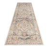 Multi-colored traditional patterned runner rug with beige, orange, and gray tones and intricate geometric designs.