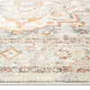Soft polypropylene runner rug with muted traditional floral and geometric patterns in beige, gold, and grey tones.