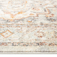 Soft polypropylene runner rug with muted traditional floral and geometric patterns in beige, gold, and grey tones.