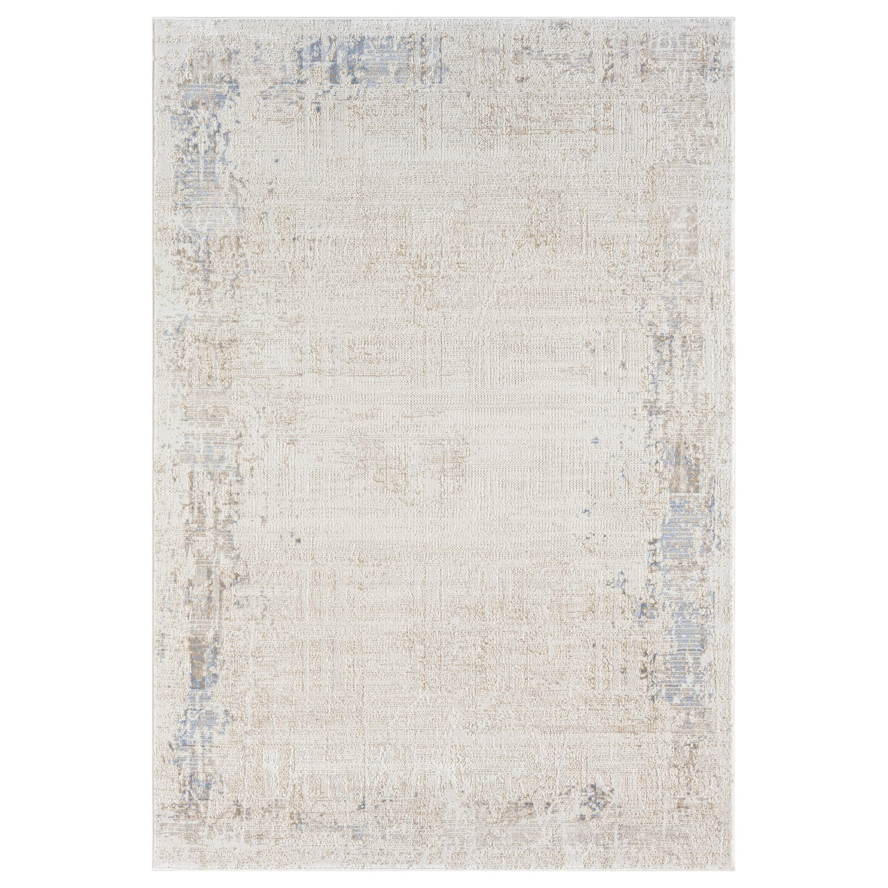 Beige rectangular rug with textured abstract pattern in subtle blue and cream tones, soft polyester-polypropylene blend.