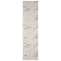 Beige and grey textured modern runner rug with abstract pattern, slim rectangular shape.