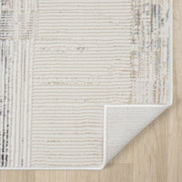 Beige and grey textured modern runner rug with subtle striped pattern and woven detail.