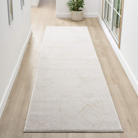 Beige and white modern runner rug with subtle textured geometric patterns on hardwood floor.