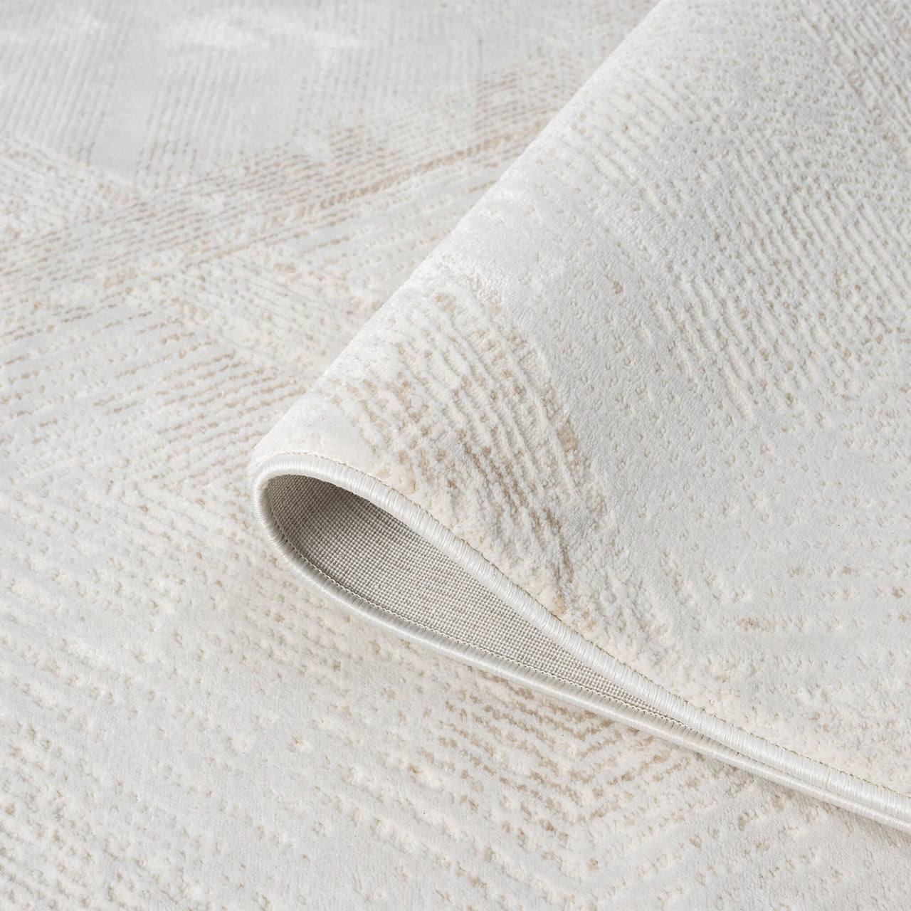 Beige and white modern runner rug with subtle textured geometric pattern, tightly woven finish.