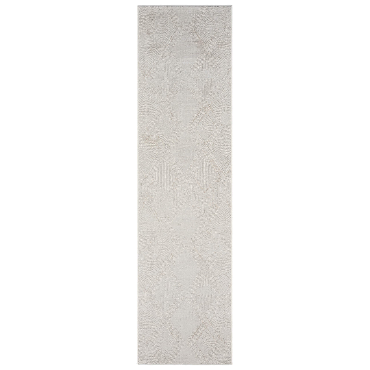 Beige and white modern runner rug with subtle abstract pattern and soft texture.