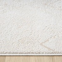 Beige and white modern runner rug with subtle textured abstract pattern on a light background.