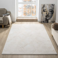 Beige and white modern rug with subtle geometric patterns on a light wood floor in a bright living room.