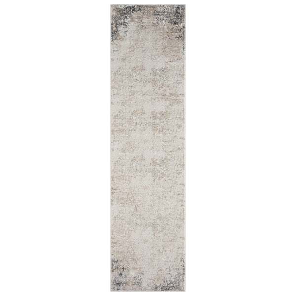 Beige and grey modern runner rug with subtle textured pattern and faded edges.