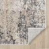 Beige and grey modern runner rug with abstract mottled pattern and piped edges on hardwood floor.