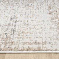 Beige and grey modern runner rug with subtle abstract multi-color pattern and soft texture.