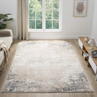 Beige and grey modern rug with subtle distressed pattern in a bright living room setting.