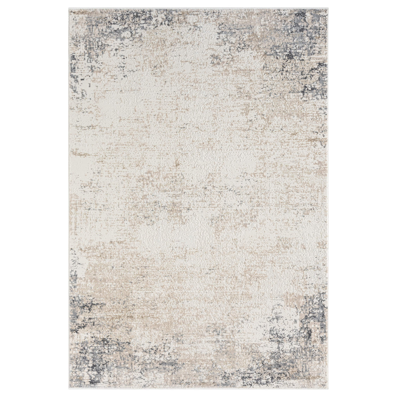 Beige and grey modern rug with abstract distressed pattern and subtle textured look.