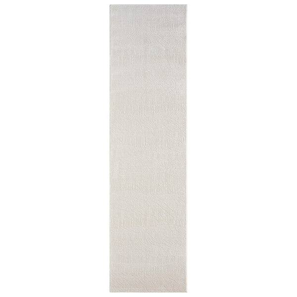 Cream modern runner rug with subtle linear texture and soft woven pattern.