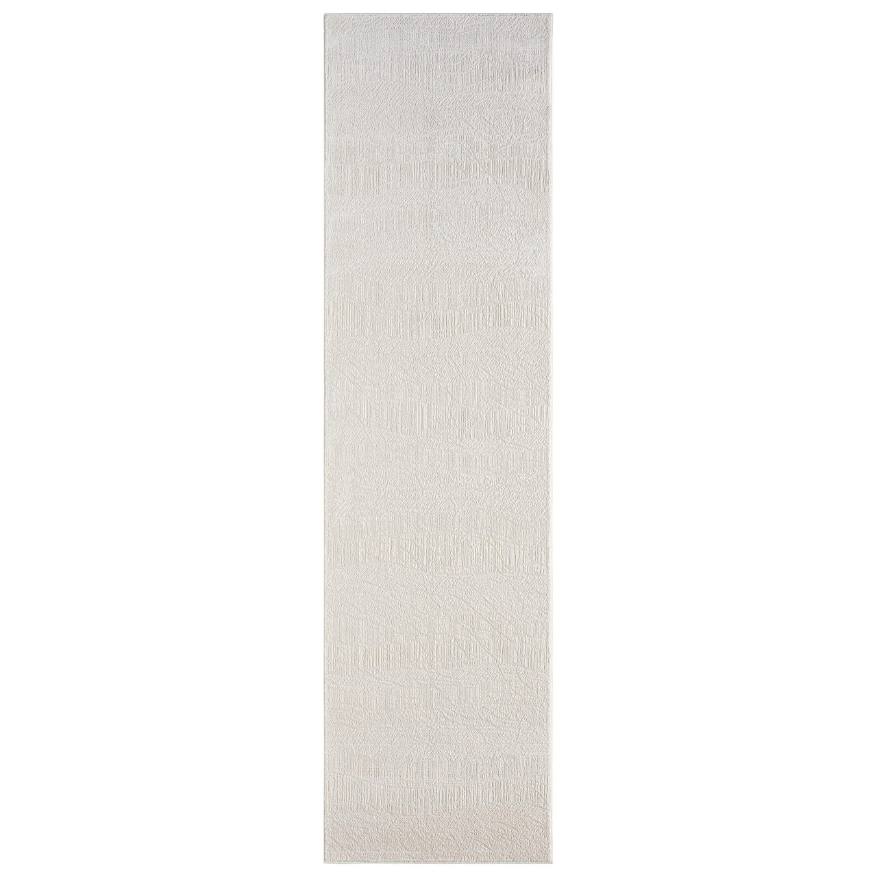 Cream modern runner rug with subtle linear texture and soft woven pattern.