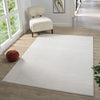 Cream modern rug with subtle textured pattern on light wood floor in bright room.