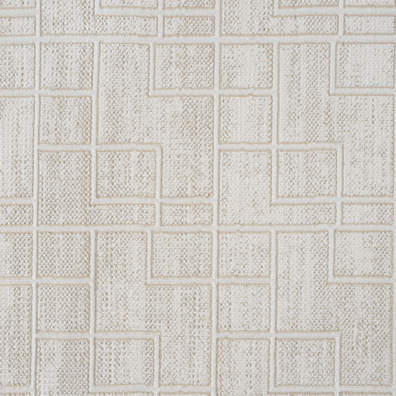 Cream runner rug with textured geometric square and rectangle pattern in a modern design.