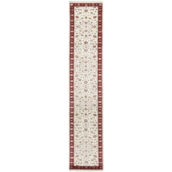 Beige Red Multi Colour Floral Patterned Hand Knotted Oriental Wool Silk Runner Rug - 1