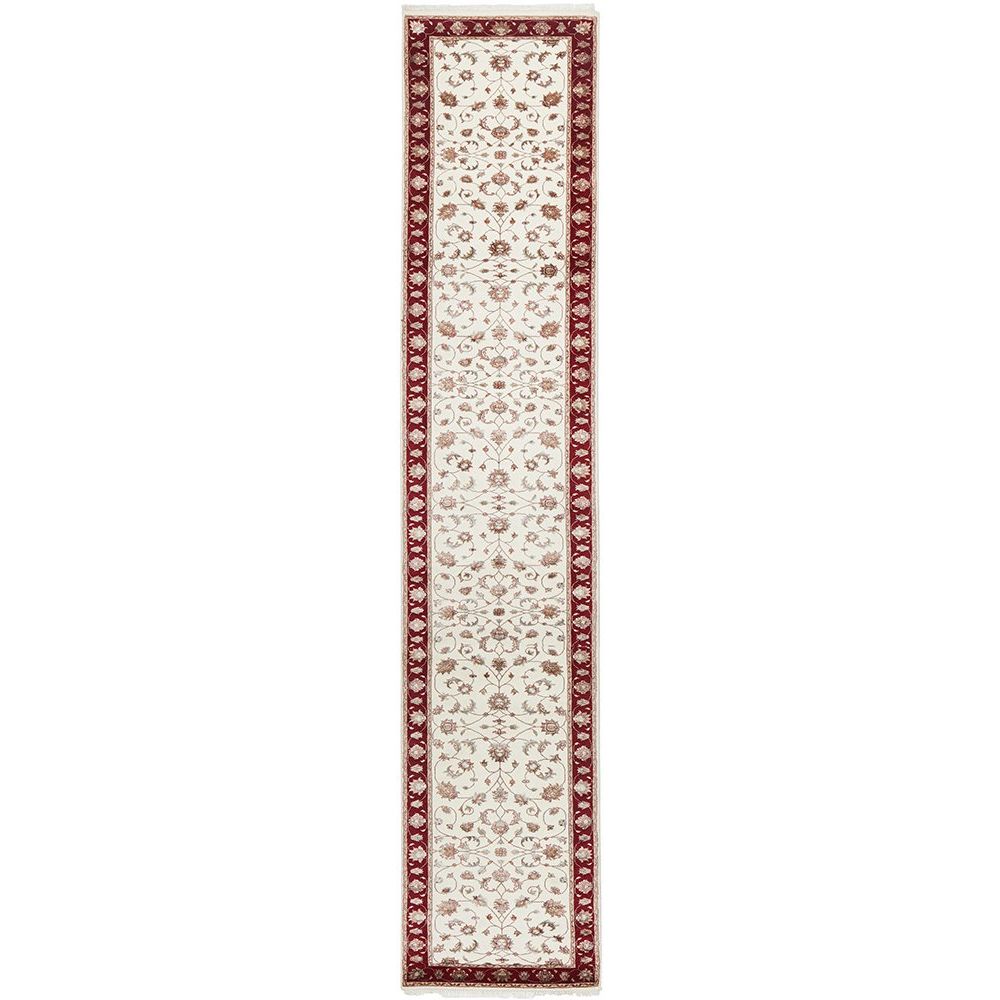 Beige Red Multi Colour Floral Patterned Hand Knotted Oriental Wool Silk Runner Rug - 1