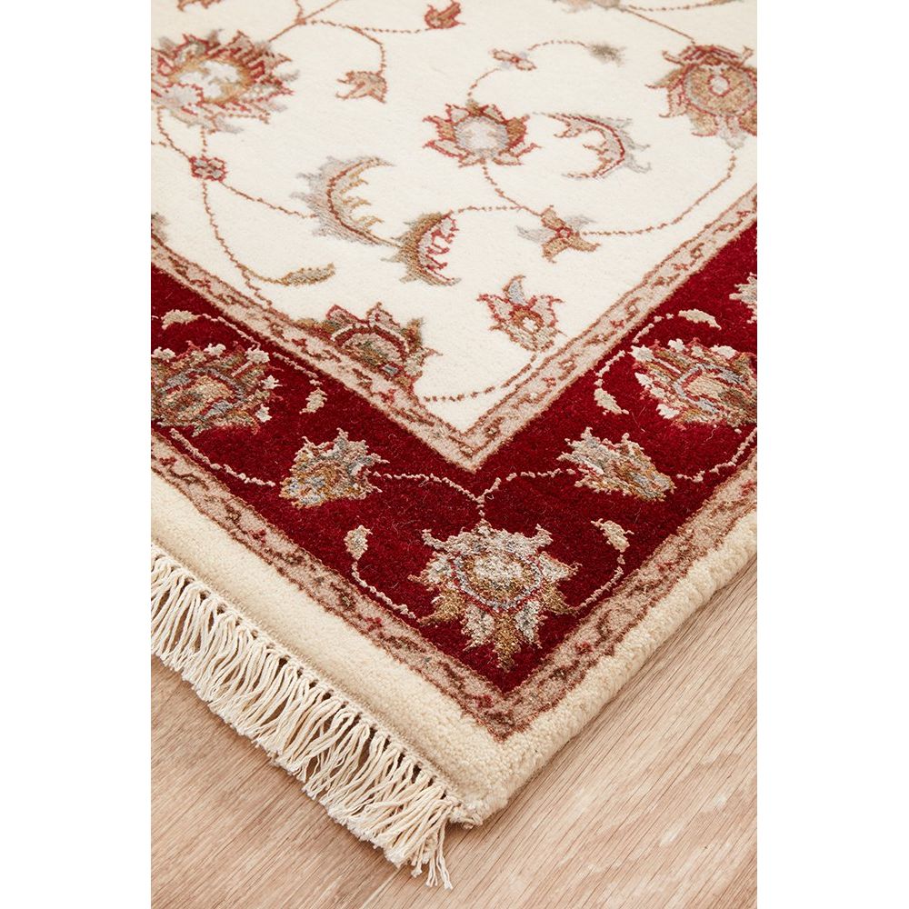Beige Red Multi Colour Floral Patterned Hand Knotted Oriental Wool Silk Runner Rug - 2