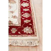 Beige Red Multi Colour Floral Patterned Hand Knotted Oriental Wool Silk Runner Rug - 3