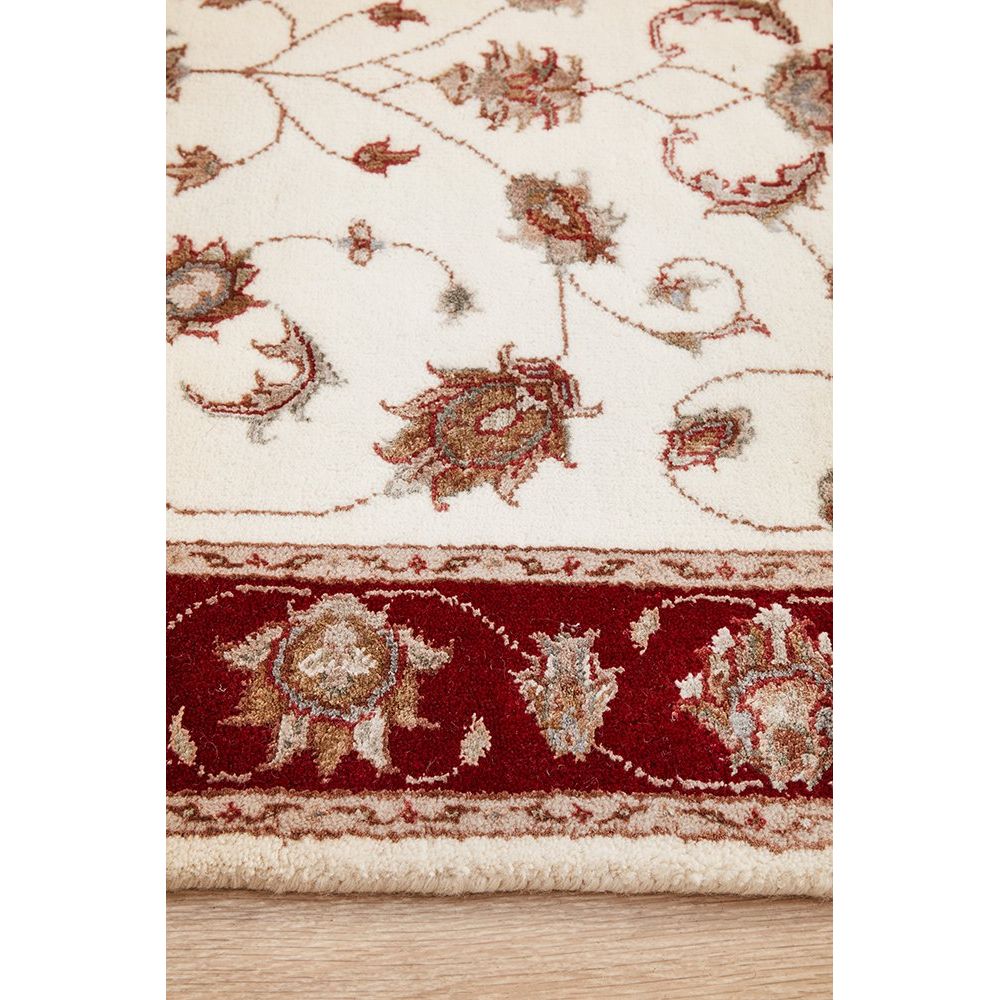 Beige Red Multi Colour Floral Patterned Hand Knotted Oriental Wool Silk Runner Rug - 4