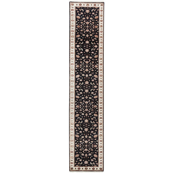 Black Beige Multi Colour Floral Patterned Hand Knotted Oriental Wool Silk Runner Rug - 1