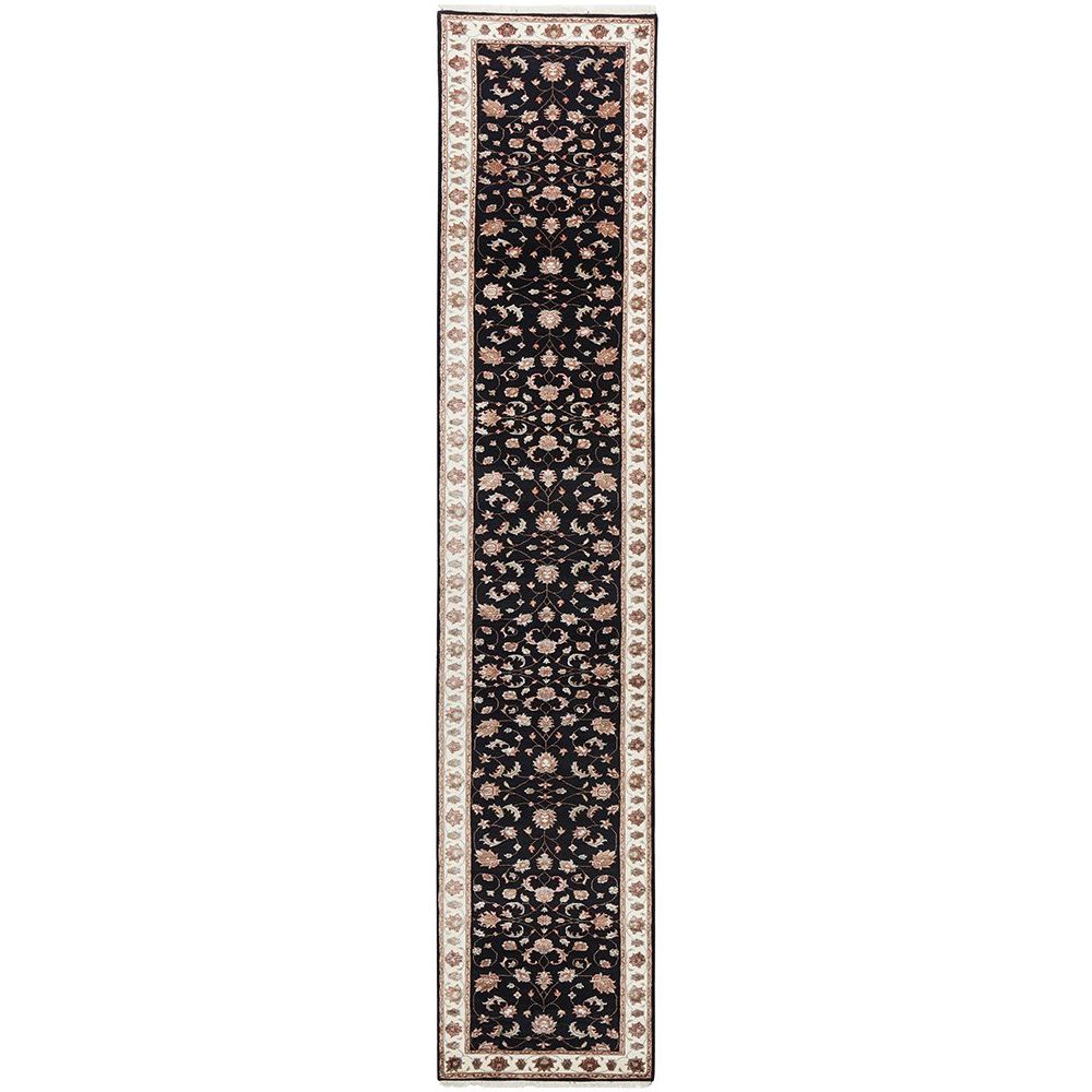 Black Beige Multi Colour Floral Patterned Hand Knotted Oriental Wool Silk Runner Rug - 1