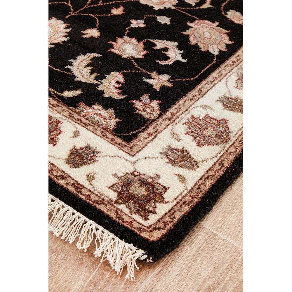 Black Beige Multi Colour Floral Patterned Hand Knotted Oriental Wool Silk Runner Rug - 2
