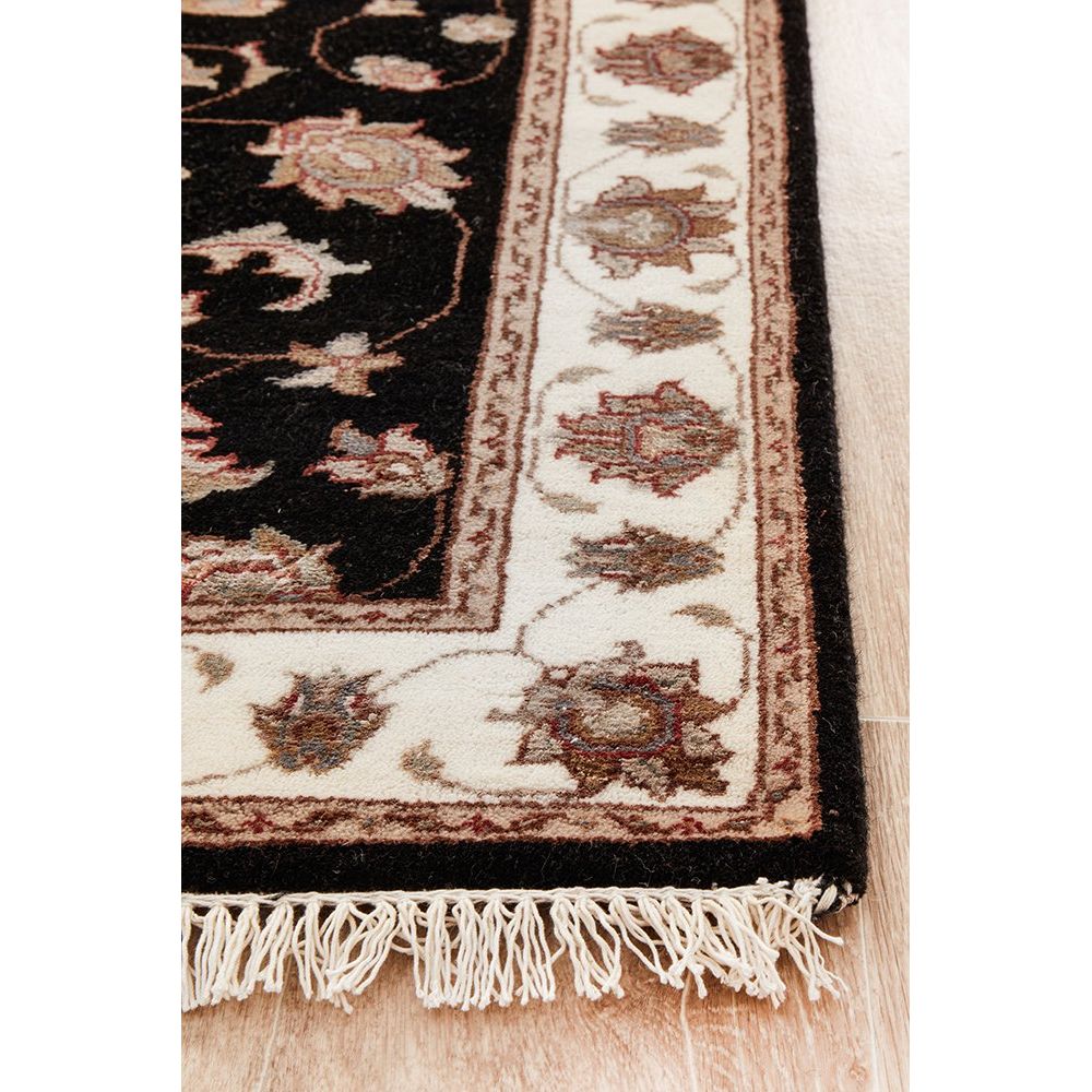 Black Beige Multi Colour Floral Patterned Hand Knotted Oriental Wool Silk Runner Rug - 3
