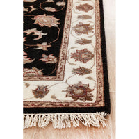 Black Beige Multi Colour Floral Patterned Hand Knotted Oriental Wool Silk Runner Rug - 3