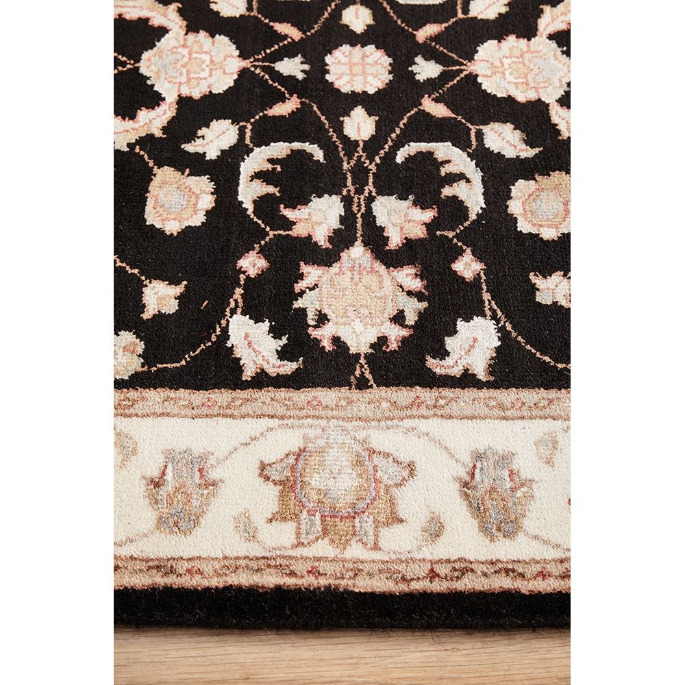 Black Beige Multi Colour Floral Patterned Hand Knotted Oriental Wool Silk Runner Rug - 4