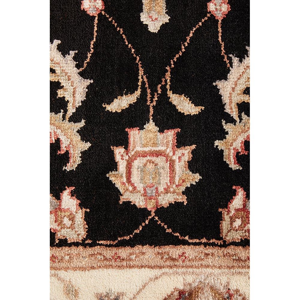 Black Beige Multi Colour Floral Patterned Hand Knotted Oriental Wool Silk Runner Rug - 5