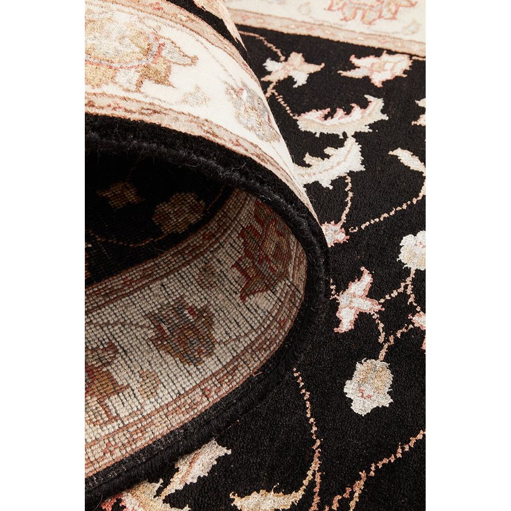 Black Beige Multi Colour Floral Patterned Hand Knotted Oriental Wool Silk Runner Rug - 6