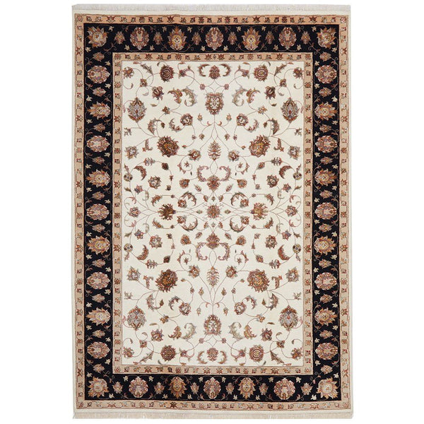 Beige Black Multi Colour Floral Patterned Hand Knotted Oriental Wool Rug - 1