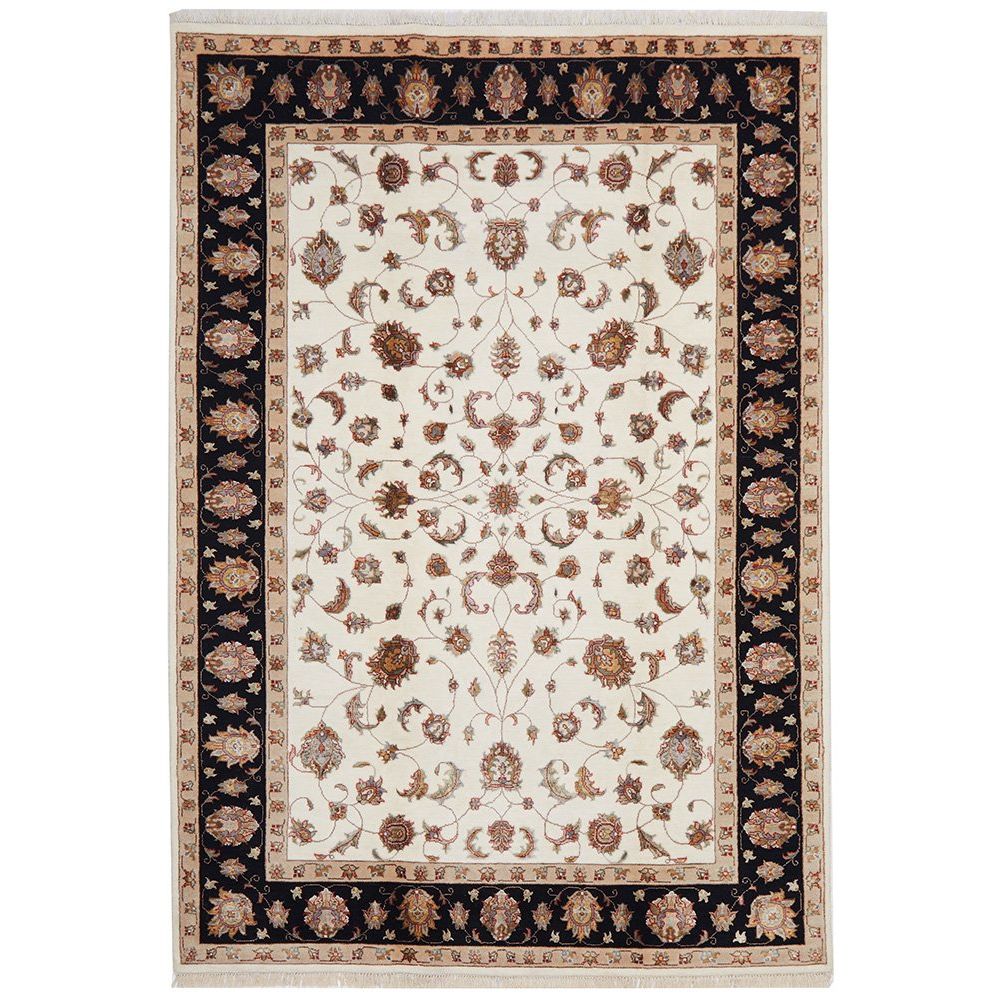 Beige Black Multi Colour Floral Patterned Hand Knotted Oriental Wool Rug - 1