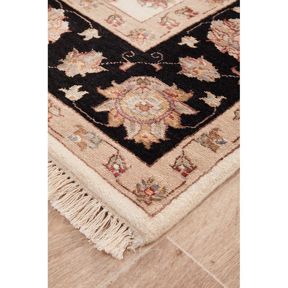 Beige Black Multi Colour Floral Patterned Hand Knotted Oriental Wool Rug - 2